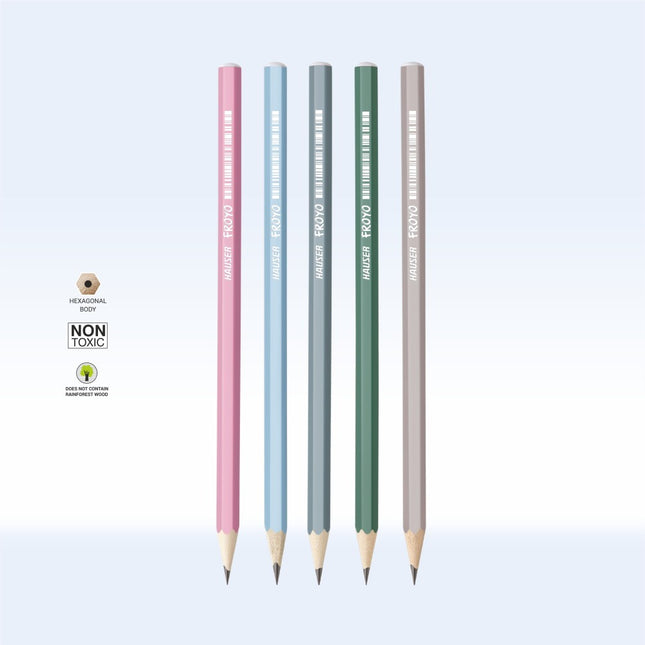 Hauser Froyo pencils in pink, blue, green, and gray with hexagonal bodies, featuring non-toxic materials.