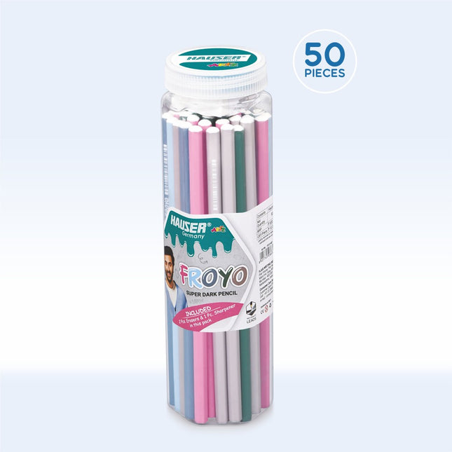 Hauser Artz Froyo Super Dark Pencil set in container, 50 pieces with assorted colors for perfect writing and drawing.