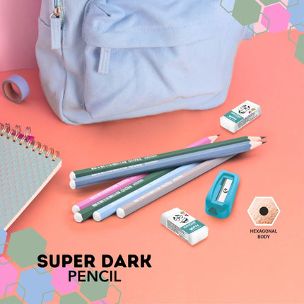 Hauser Artz Froyo Super Dark Pencil set with eraser and sharpener on a colorful desk with a backpack.