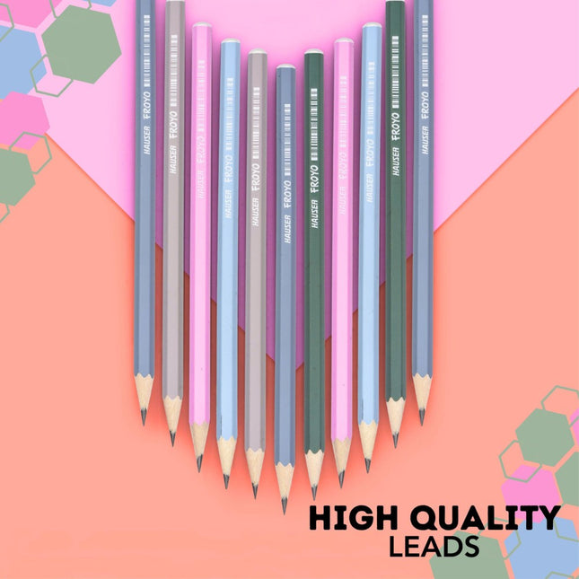 Assorted Hauser Artz Froyo colored pencils with high quality leads displayed on a colorful background.