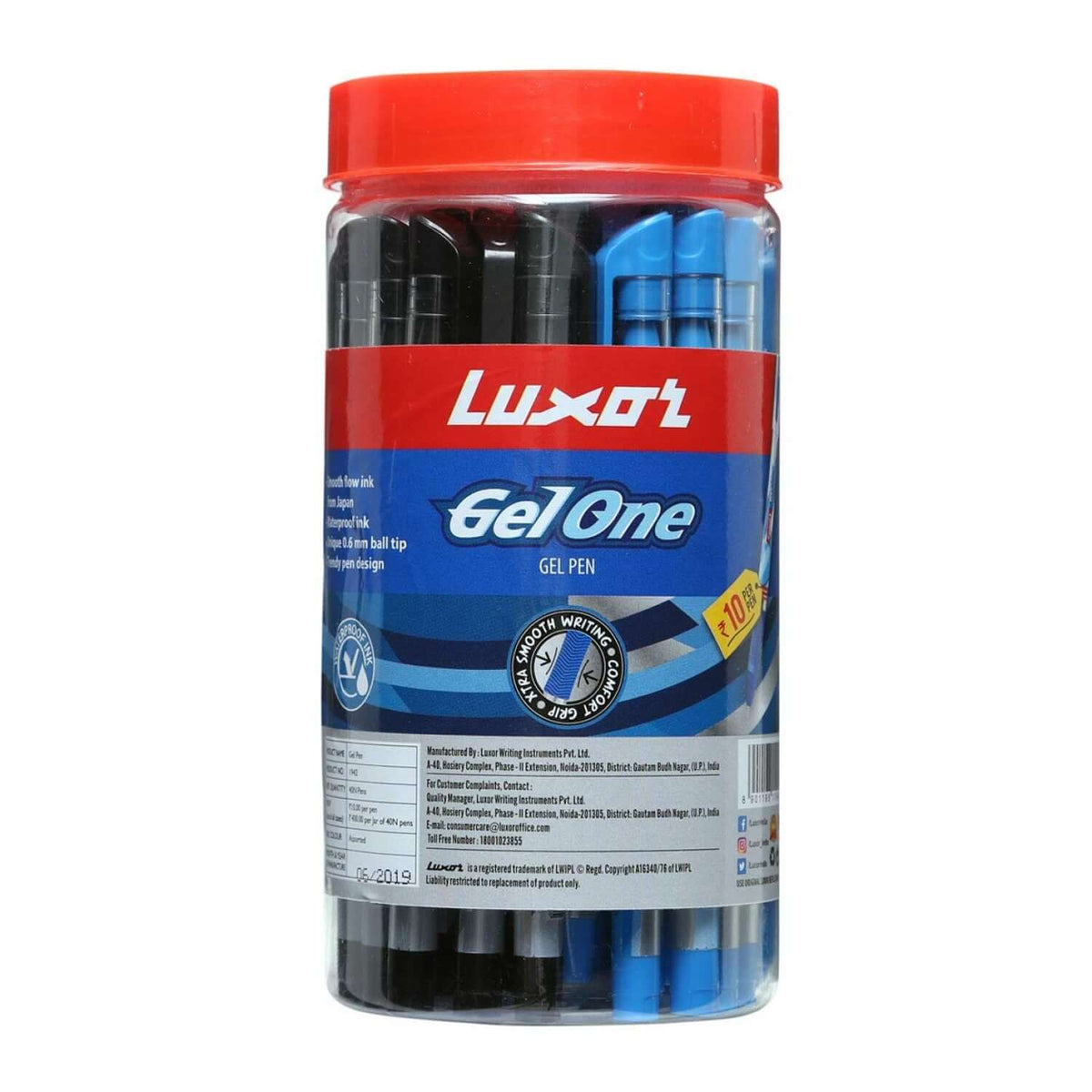 Luxor Gel One Gel Pen | Pack of 40 featuring blue and black gel pens in a container.