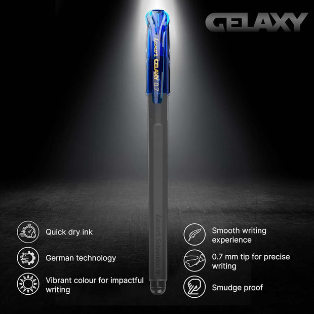 Luxor Schneider Gelaxy Gel Pen | Pack of 4 | Ink Colour - Blue and Black on display with features.