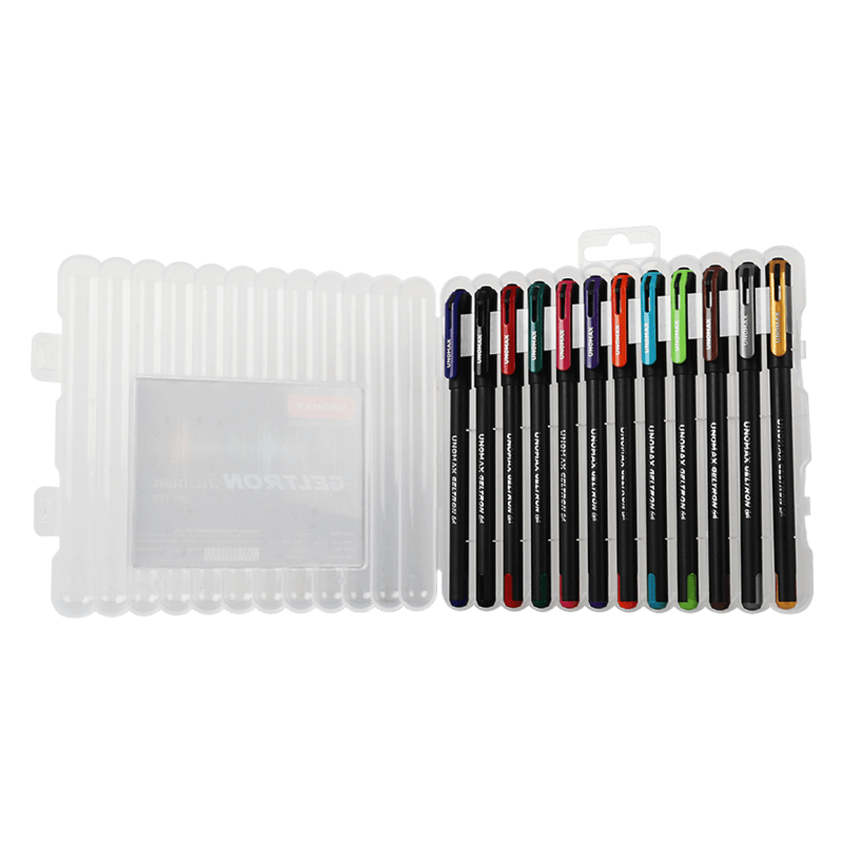 Unomax Geltron Fashion Gel Pen Set of 12 Shades | Waterproof Ink in a clear case with assorted colors.