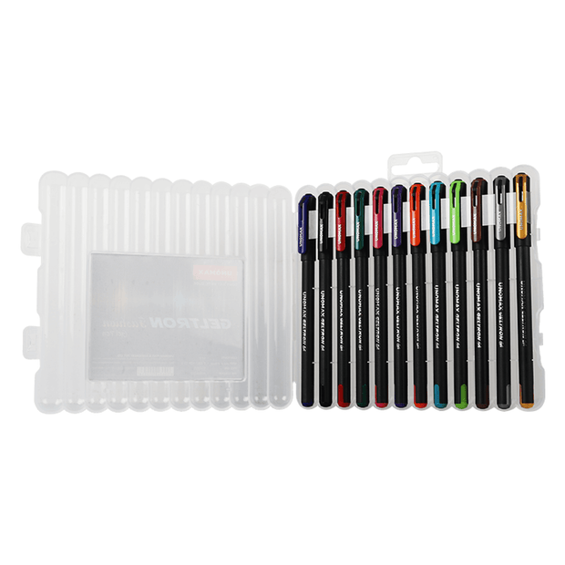 Unomax Geltron Fashion Gel Pen Set of 12 Shades | Waterproof Ink in a clear case with assorted colors.