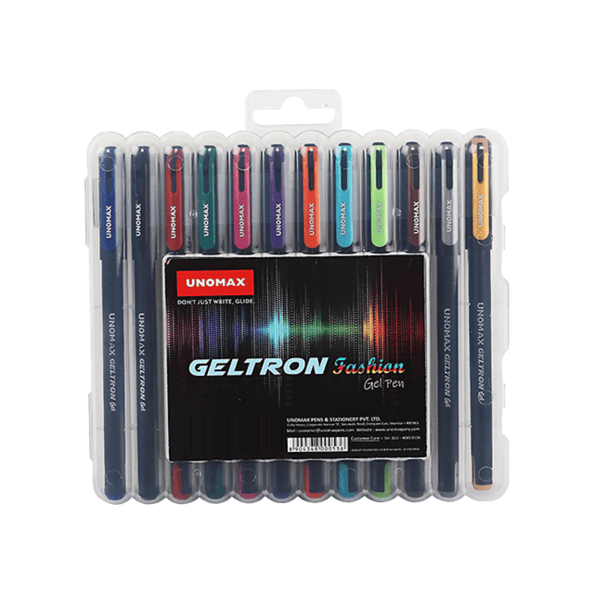 Unomax Geltron Fashion Gel Pen Set of 12 Shades | Waterproof Ink in a clear packaging displaying all colors.