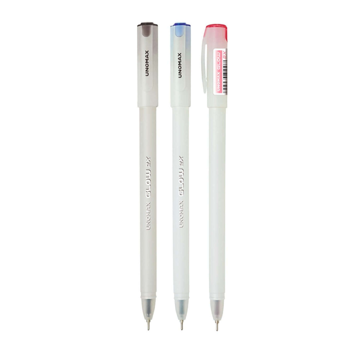 Unomax Glow 2X Ball Pen | Ink Colour - Blue, Black and Red, featuring three vibrant ink colors in a sleek design.