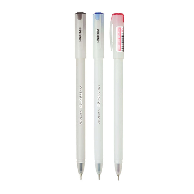 Unomax Glow 2X Ball Pen | Ink Colour - Blue, Black and Red, featuring three vibrant ink colors in a sleek design.
