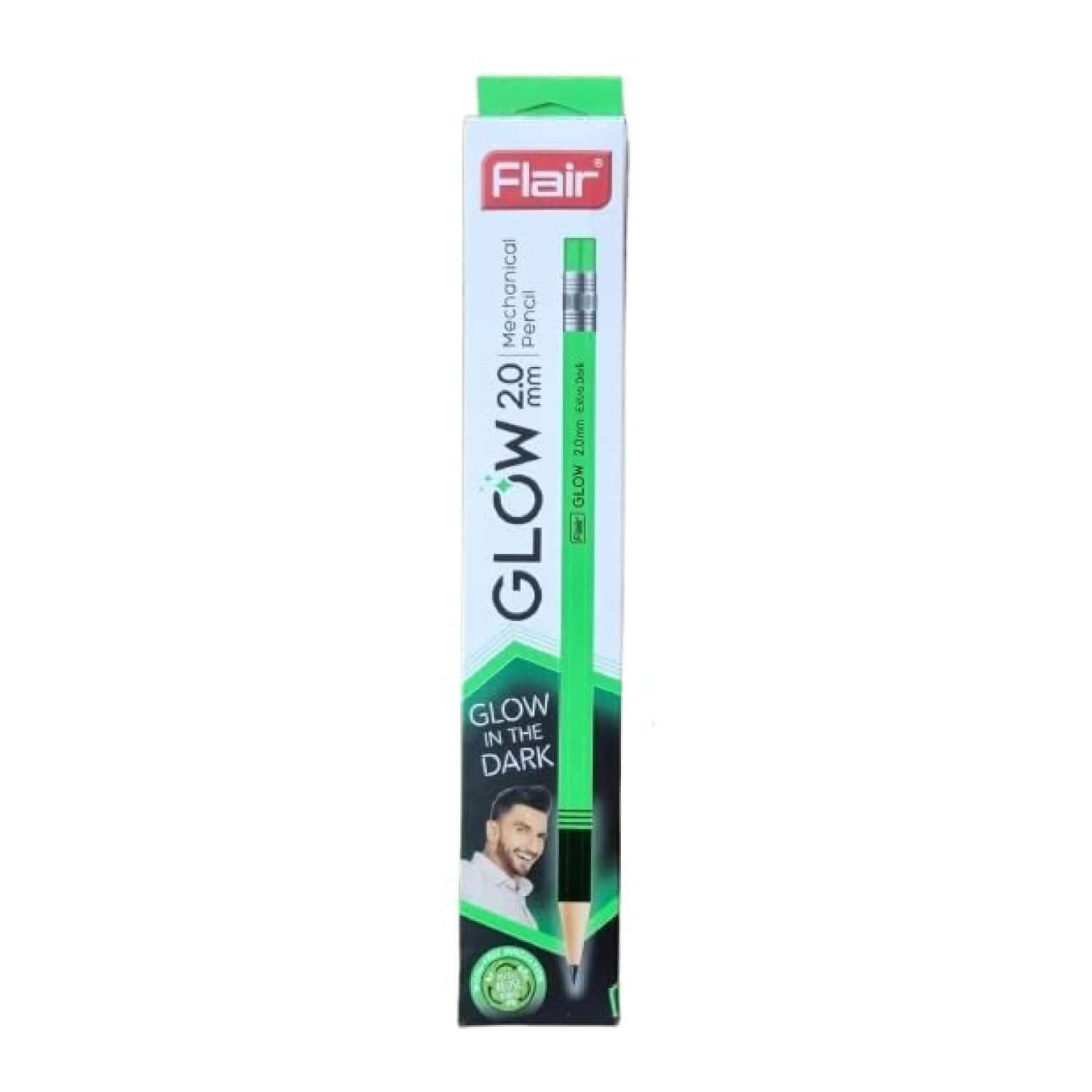 Flair Creative Glow 2.0mm Mechanical Pencil | Pack of 10 | Includes 1 Eraser and 1 Sharpener - glow in the dark packaging.
