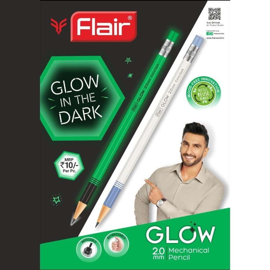 Flair Creative Glow 2.0mm Mechanical Pencil | Pack of 10 | Includes 1 Eraser and 1 Sharpener with Glow in the Dark feature.