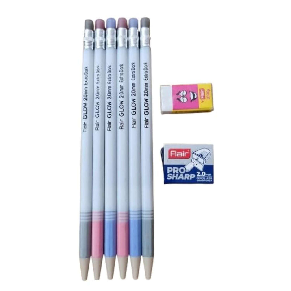 Flair Creative Glow 2.0mm Mechanical Pencil | Pack of 10 | Includes 1 Eraser and 1 Sharpener, set of pencils and accessories.