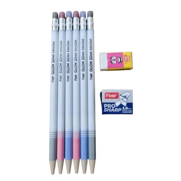 Flair Creative Glow 2.0mm Mechanical Pencil | Pack of 10 | Includes 1 Eraser and 1 Sharpener, set of pencils and accessories.