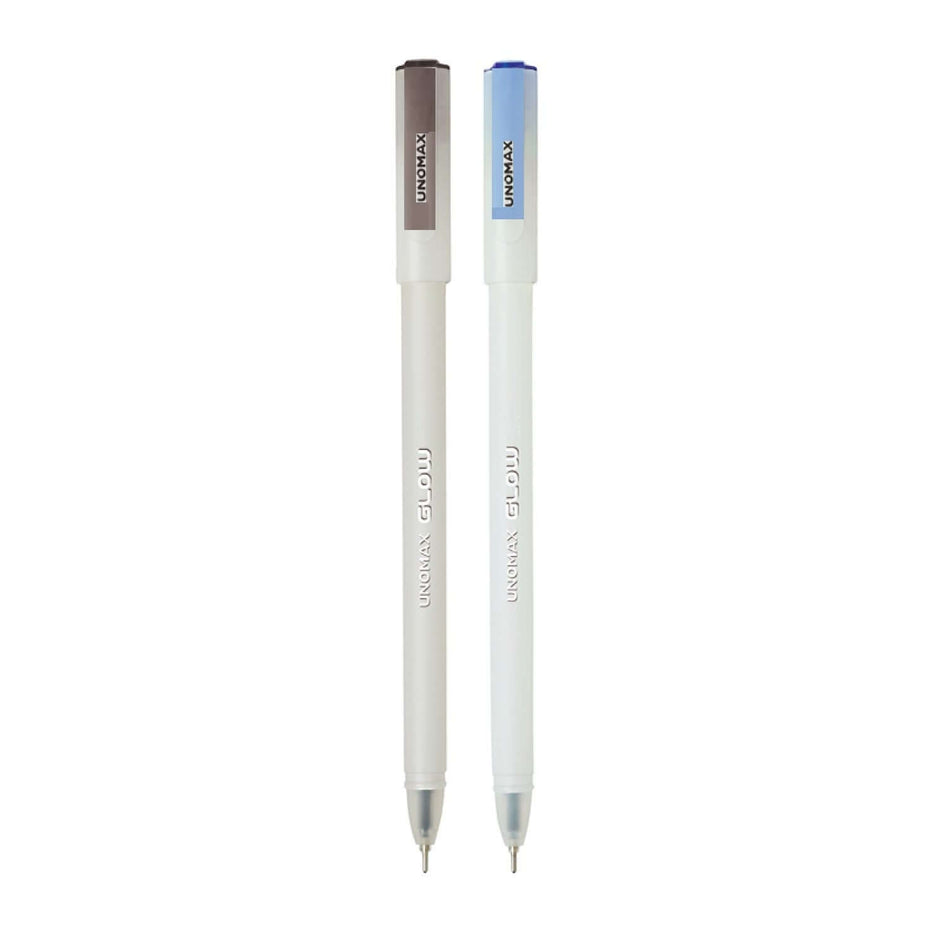 Unomax Glow Gel Pen | Waterproof Ink | Ink Colour - Blue and Black on display, featuring luminescent ink and smooth writing.