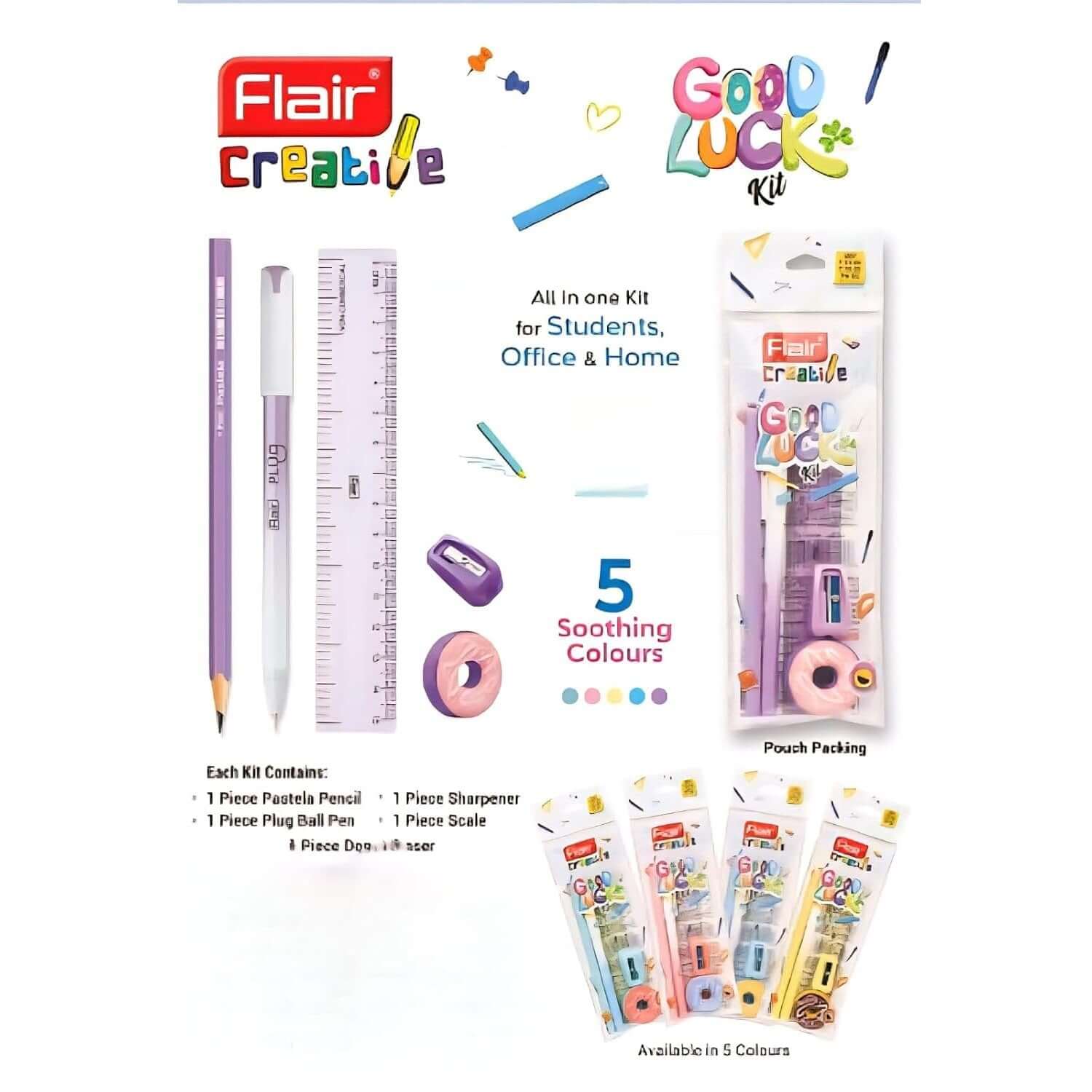Flair Creative Good Luck Kit | Stationery Kit of 5 Items with ergonomic pencil and ruler for students and office use.