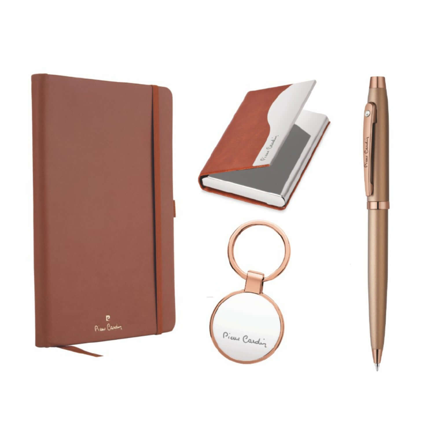 Pierre Cardin Grace Gift Set | Set of Diary, Card Holder, Keychain and Pen including a brown notebook, card holder, keychain, and pen.