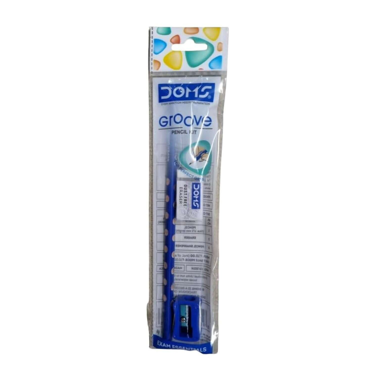 DOMS Groove Pencil Kit | For Dark & Neat Writing | Includes Pencil, Sharpner & Eraser - Packaging with pencil and sharpener.
