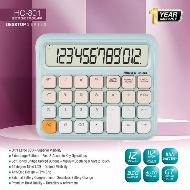 Hauser HC-801 12 Digits Desktop Calculator