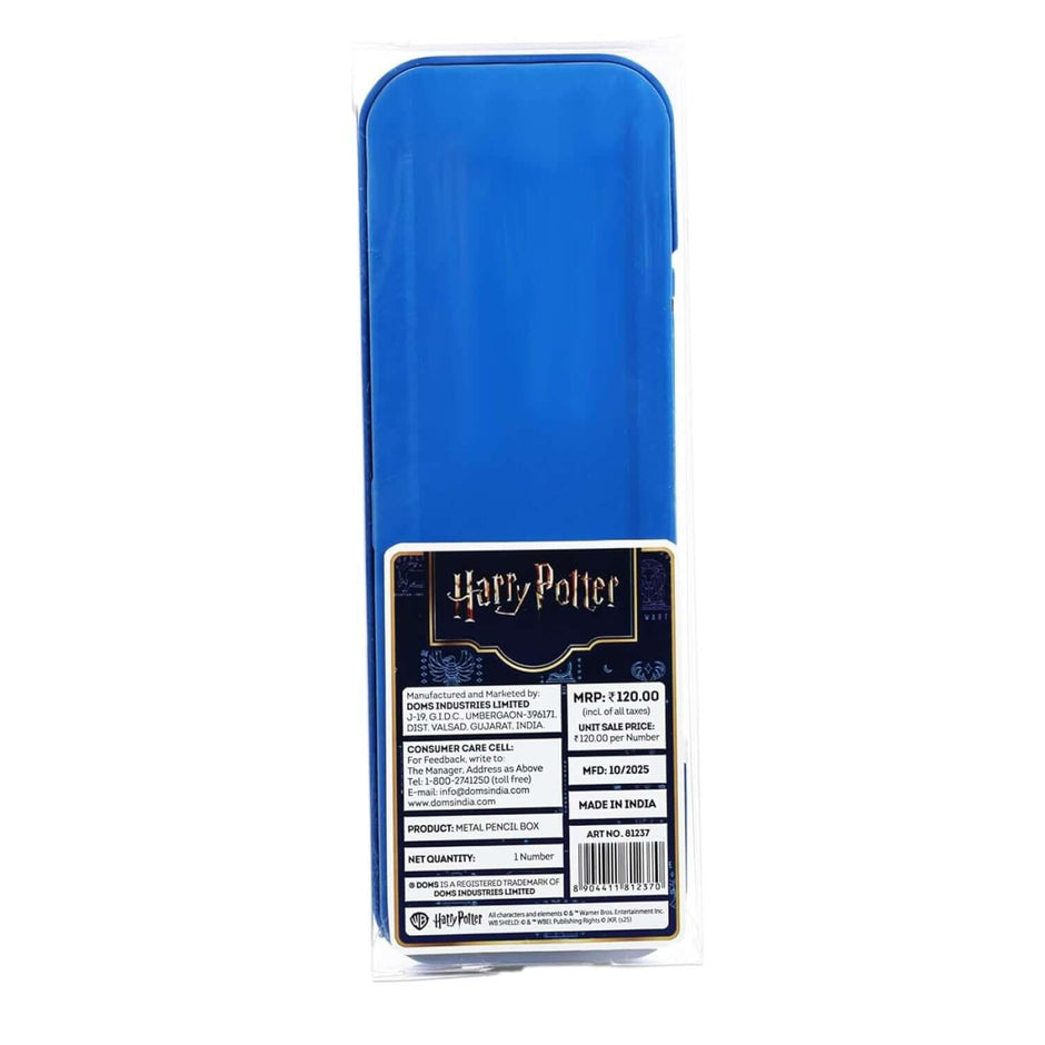 Doms Harry Potter Metal Pencil Box in blue with premium tin construction and secure hinged lid.