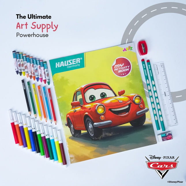 Hauser Artz Cars 100 Kit | Stationery Kit of 9 Items with colorful art supplies and activity book featuring Cars character.