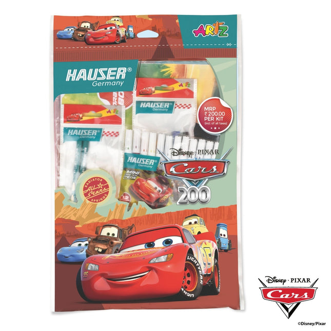 Hauser Artz Cars 200 Kit | Stationery Kit of 14 Items in a colorful packaging featuring Disney Pixar Cars characters.