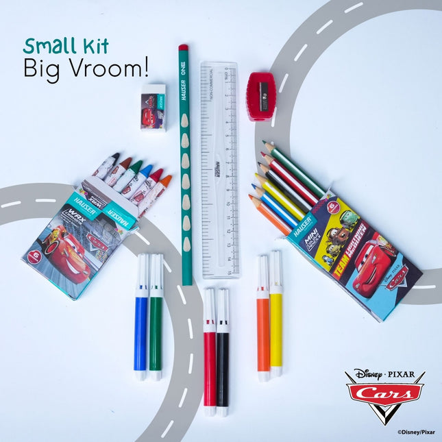 Hauser Artz Cars 50 Kit | Stationery Kit of 7 Items displayed with colorful markers, pencils, and ruler on a road-themed background.