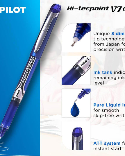 Pilot Hi-Tecpoint V7 Grip 0.7mm Fine Point Pure Liquid Ink Roller Ball Pen with Dimpled Rubber Grip