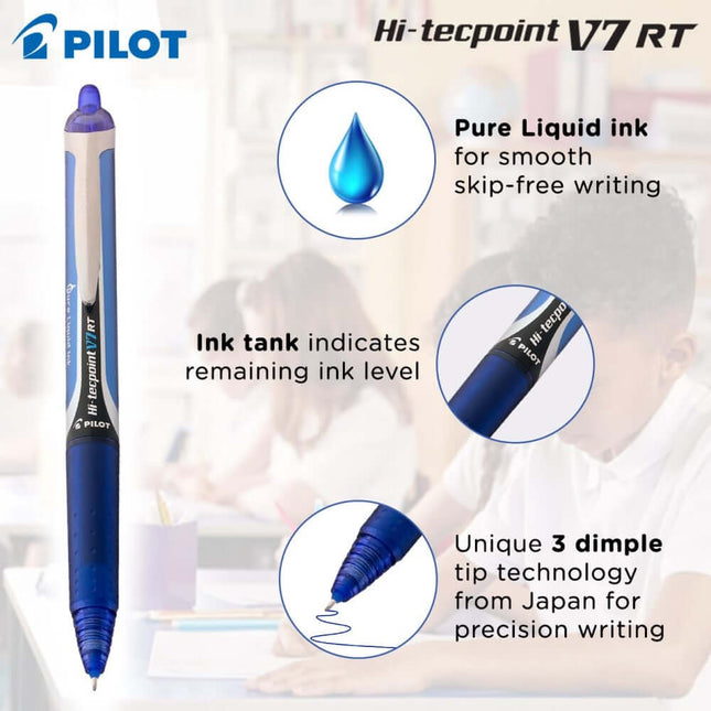 Pilot Hi-Tecpoint V7 RT 0.7mm Fine Point Pure Liquid Ink Retractable Roller Ball Pen with Dimpled Rubber Grip