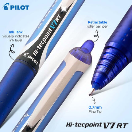 Pilot Hi-Tecpoint V7 RT 0.7mm Fine Point Pure Liquid Ink Retractable Roller Ball Pen with Dimpled Rubber Grip