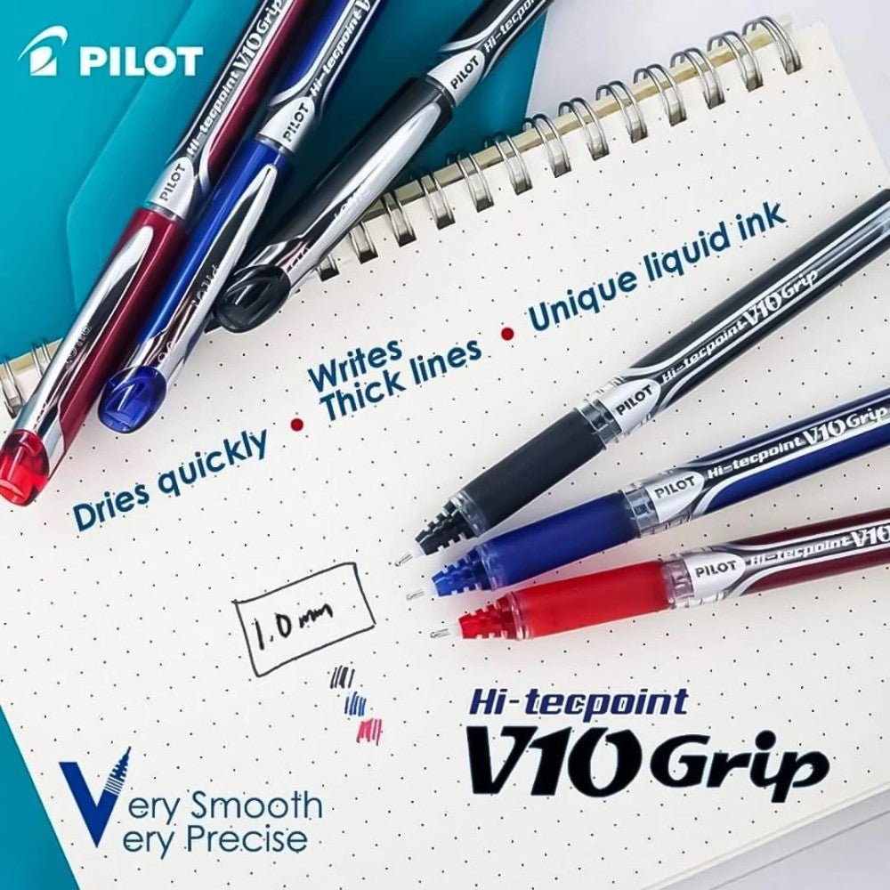 Pilot Hi-Tecpoint V10 Grip 1.0mm Medium Point Pure Liquid Ink Roller Ball Pen with Dimpled Rubber Grip