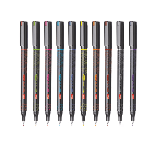 Flair Hotline Fineliner Pens | Set of 10 Assorted Pens displayed in a colorful arrangement showcasing vibrant ink shades.