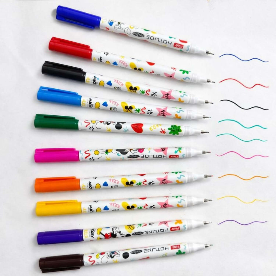 Flair Creative Mickey & Friends Hotline Fineliner Set of 10 Shades with colorful ink swatches on paper.
