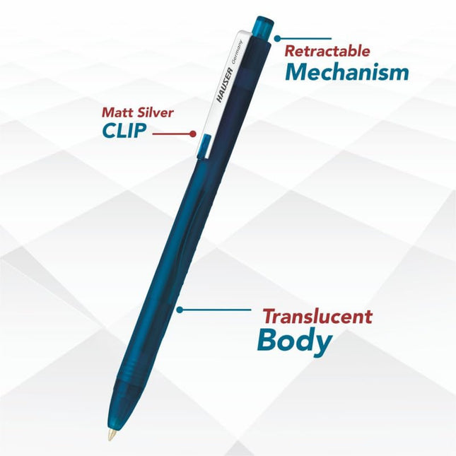Hauser Iconiq Gel Pen | Ink Colour - Blue, Black, Green and Red with retractable mechanism, matt silver clip and translucent body.