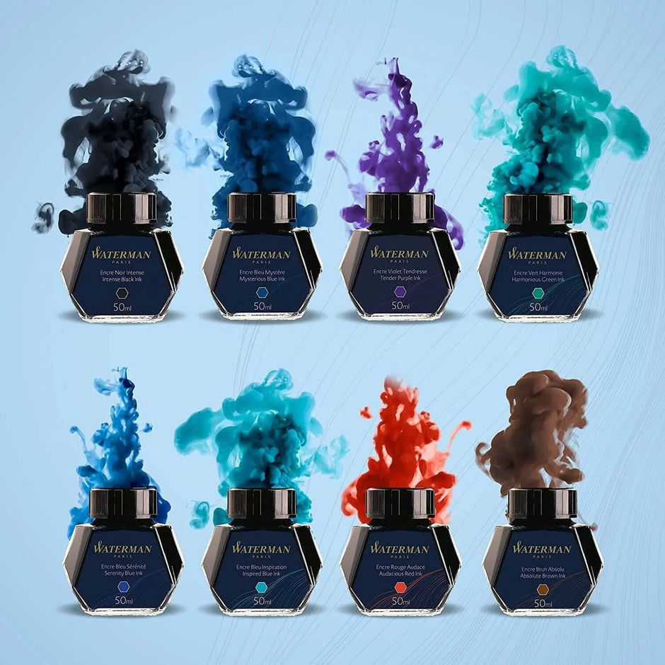 Waterman Ink Bottle - 50ML assortment with colorful smoke effects showcasing premium ink.