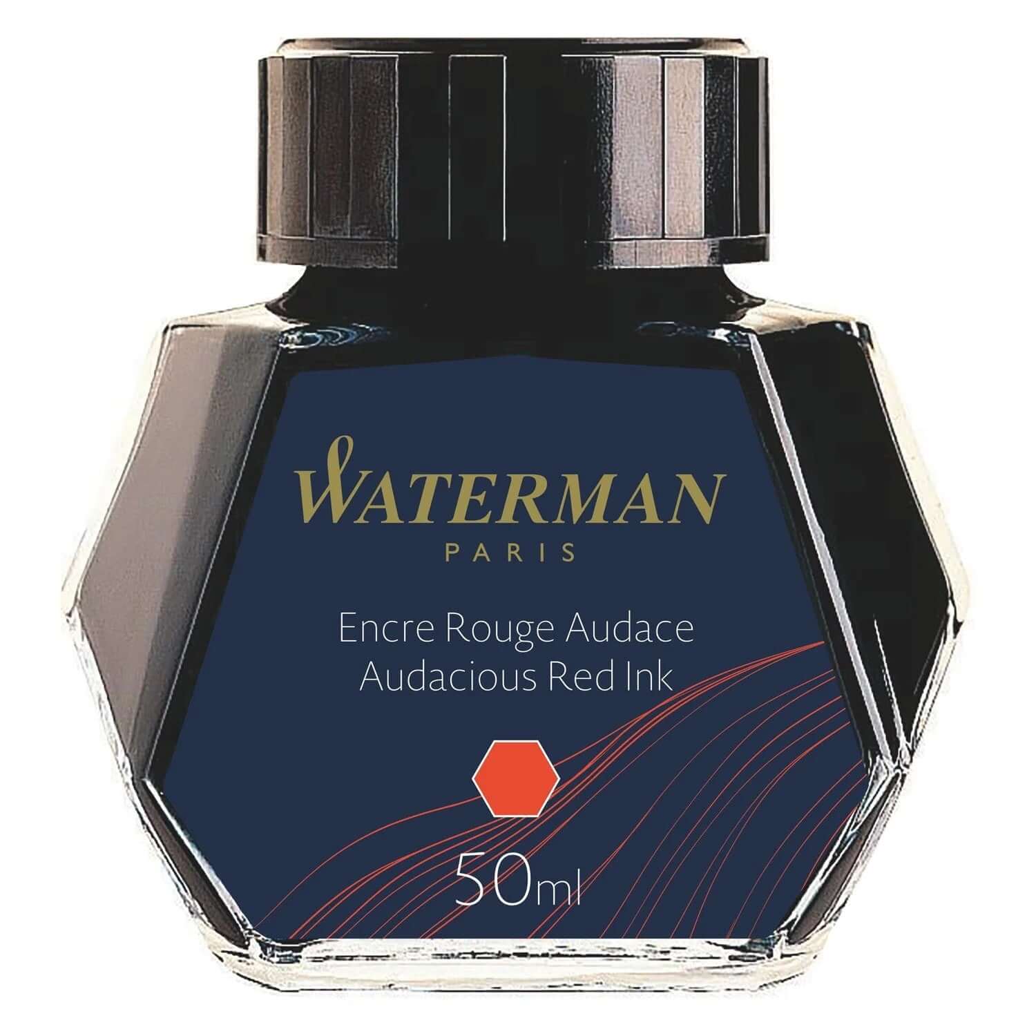 Waterman Ink Bottle - 50ML, Audacious Red ink in a stylish hexagonal bottle, perfect for elegant handwriting.