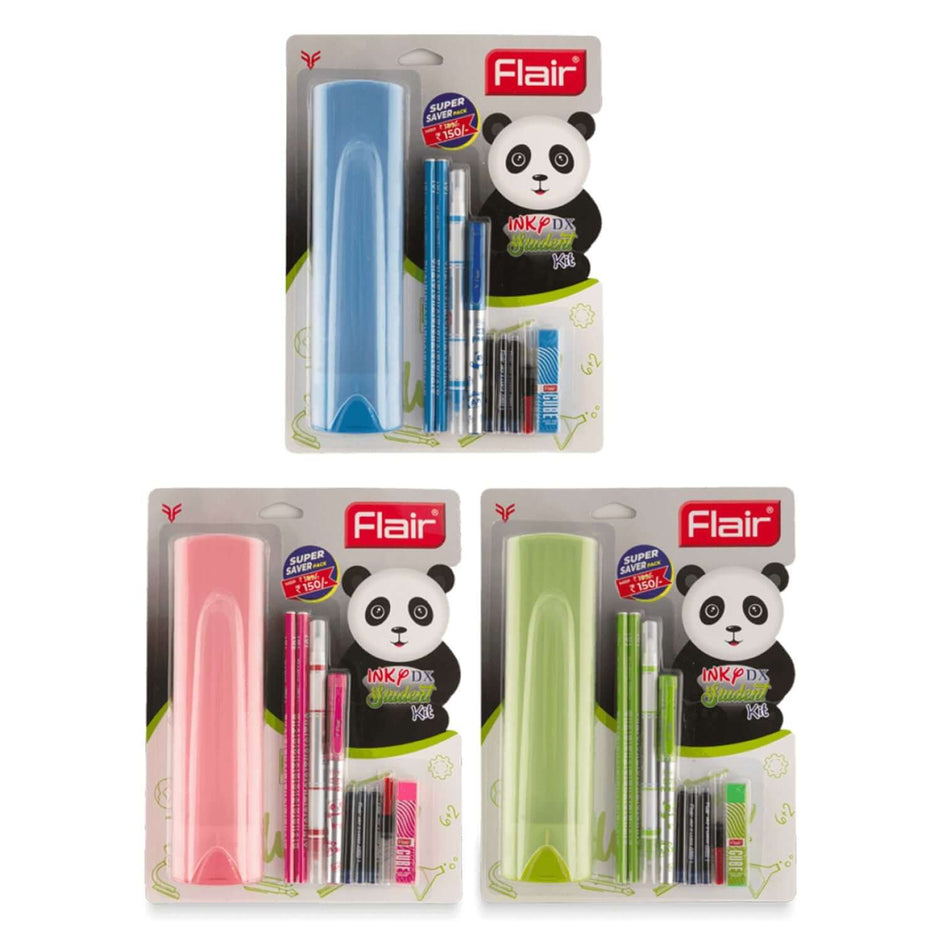 Flair Inky DX Student Kit | Pack of 1 showcasing colorful pens and erasers in Aero Pencil Box.