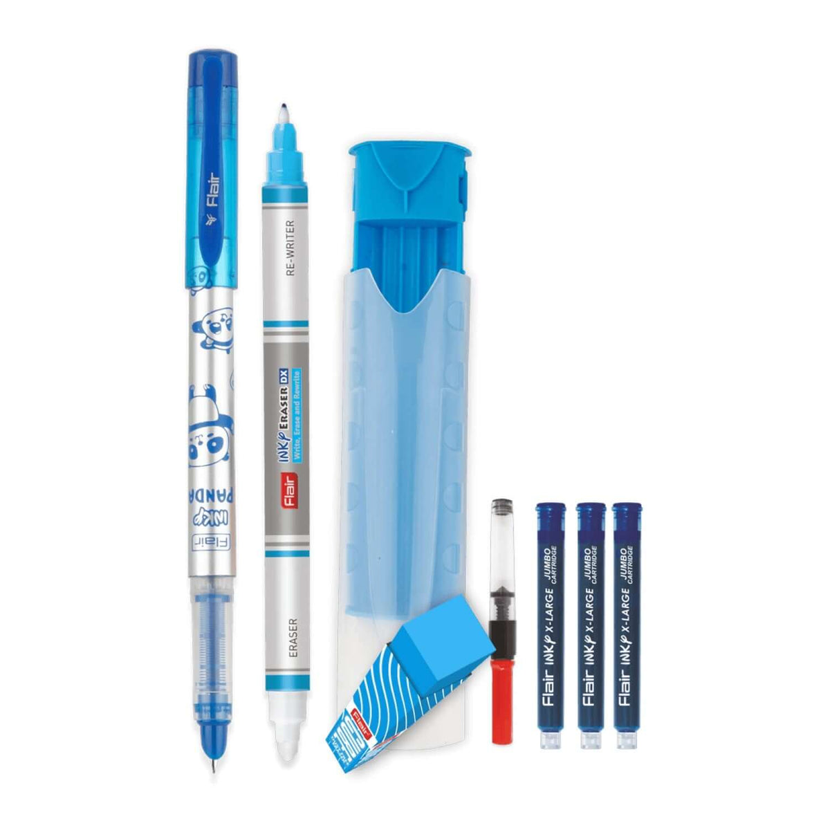 Flair Inky DX Student Kit | Pack of 1 featuring fountain pen, eraser, and ink cartridges in blue colors.