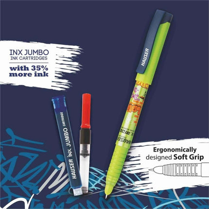Hauser Inx Rider Fountain Pen | Includes 3 Ink Cartridges and 1 Converter with ergonomic soft grip design.