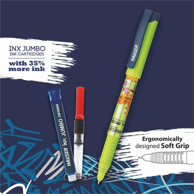 Hauser Inx Rider Fountain Pen | Includes 3 Ink Cartridges and 1 Converter with ergonomic soft grip design.