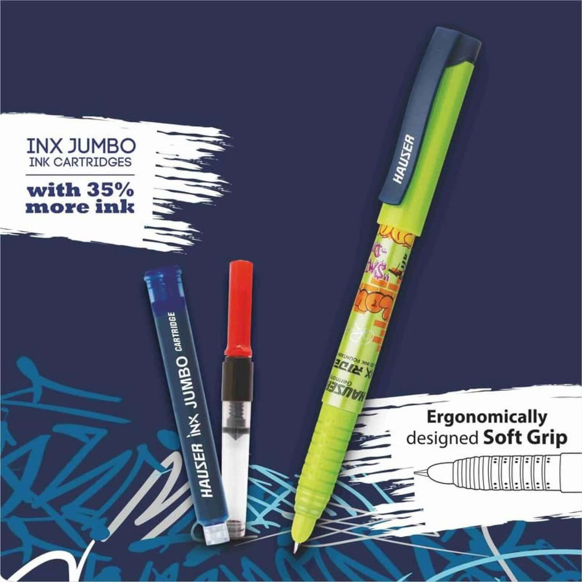 Hauser Inx Rider Fountain Pen | Includes 3 Ink Cartridges and 1 Converter with ergonomic soft grip design.