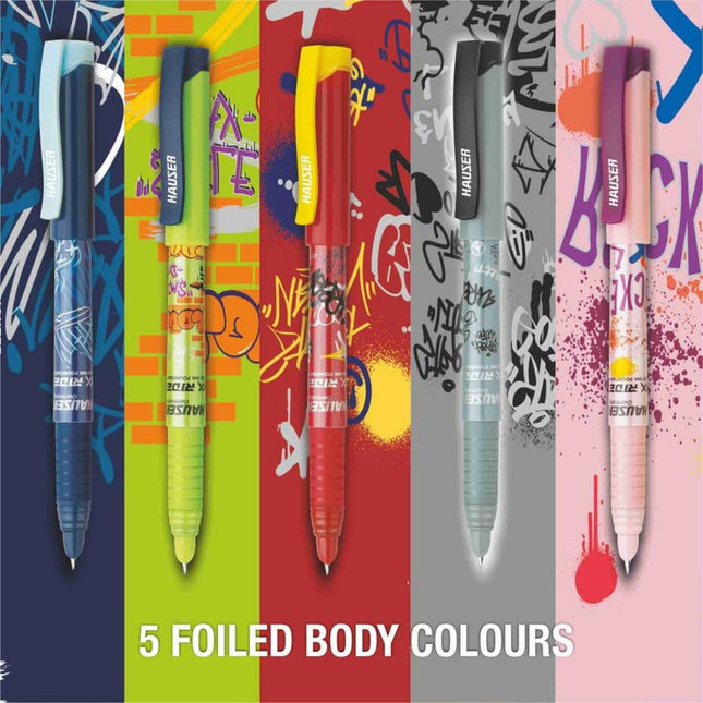 Hauser Inx Rider Fountain Pen | Includes 3 Ink Cartridges and 1 Converter, displayed in 5 foiled body colors.
