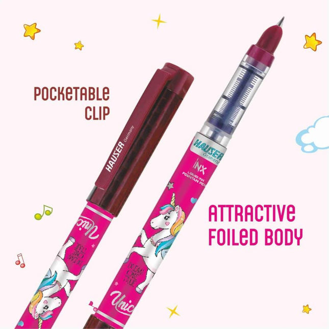 Hauser Inx Unicorn Fountain Pen | Includes 2 Ink Cartridges with pocketable clip and attractive foiled body.