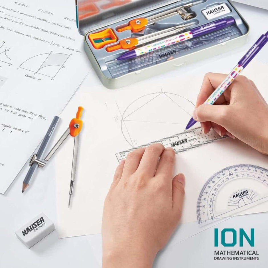 Hauser Ion Mathematical Drawing Instruments Box with drawing tools and a hand using a ruler for geometric designs.