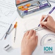 Hauser Ion Mathematical Drawing Instruments Box with drawing tools and a hand using a ruler for geometric designs.