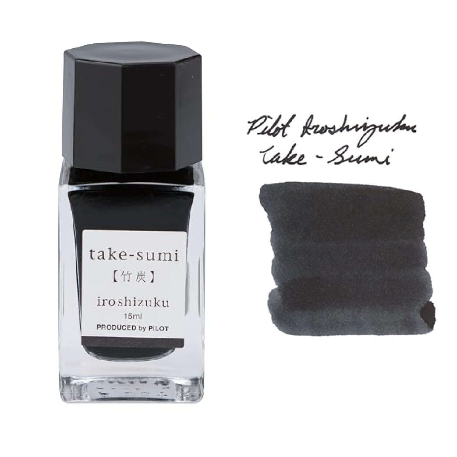 Pilot Iroshizuku Ink Bottle 15ML displayed with Take-Sumi ink swatch on the side, showcasing rich black color.