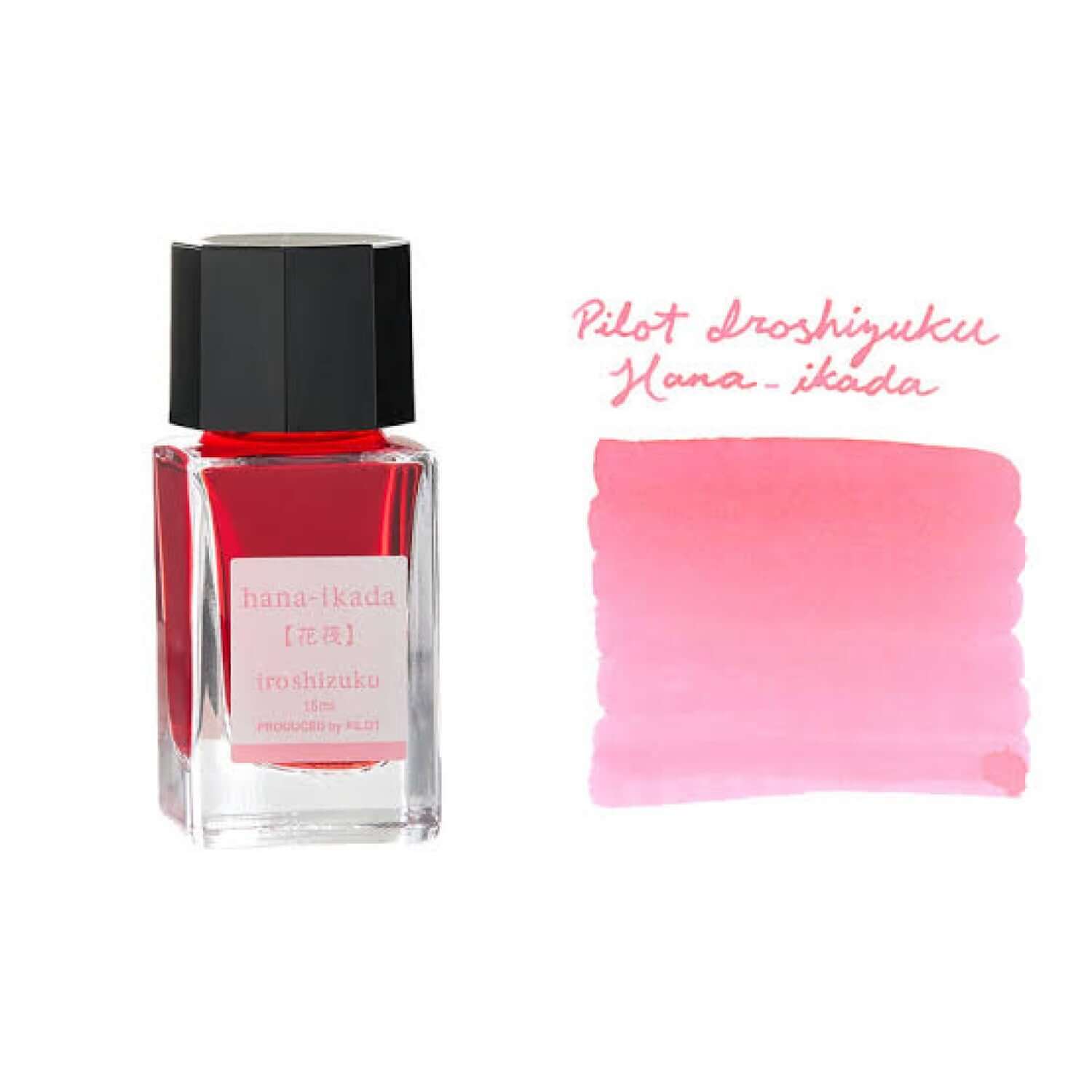 Pilot Iroshizuku Ink Bottle 15ML in Hana-Ikada color, showcasing vibrant ink and swatch on paper.