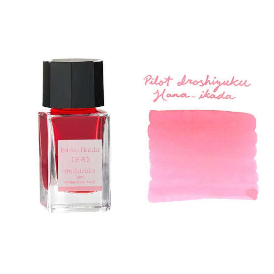 Pilot Iroshizuku Ink Bottle 15ML in Hana-Ikada color, showcasing vibrant ink and swatch on paper.