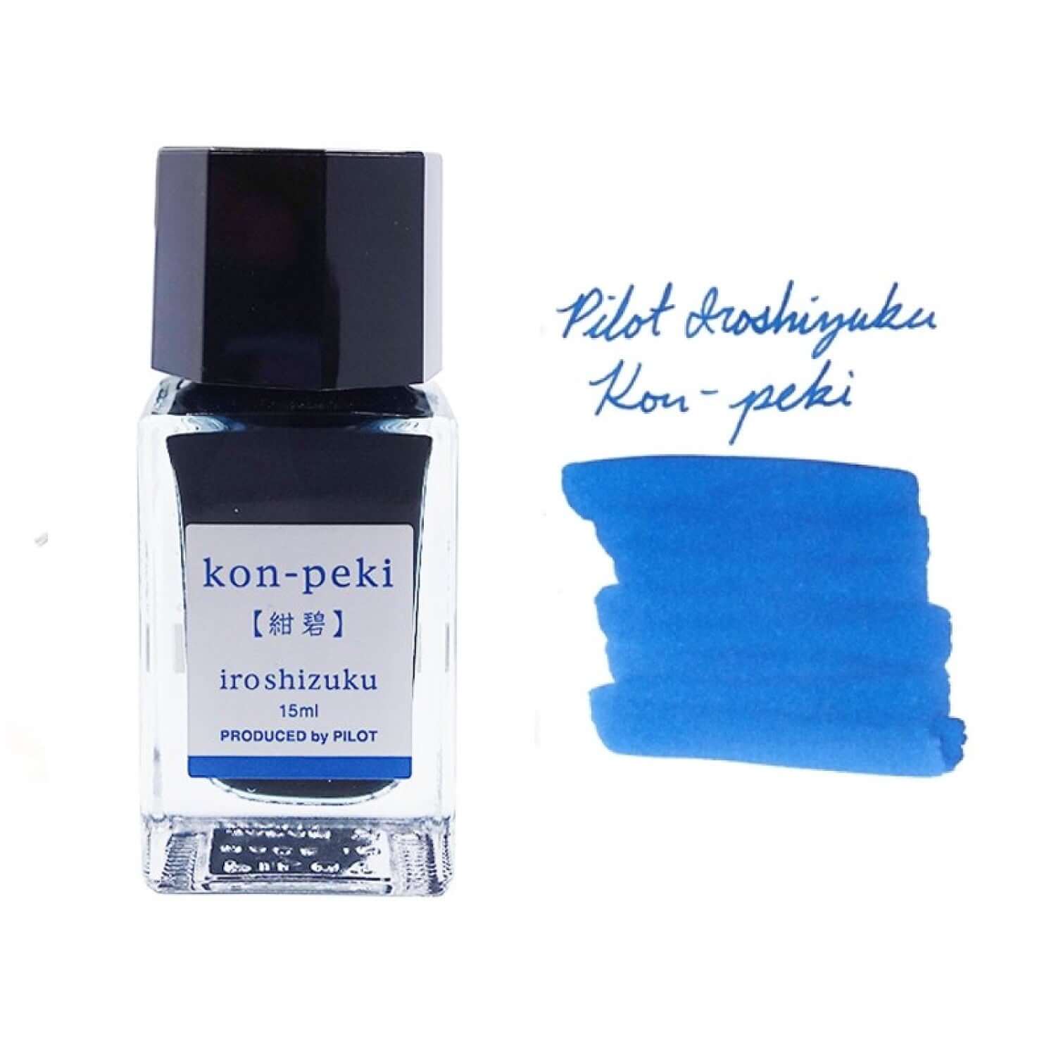 Pilot Iroshizuku Ink Bottle 15ML in Kon-Peki color with sample swatch and handwritten label.