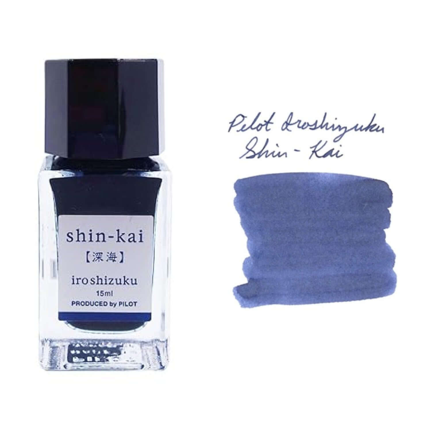 Pilot Iroshizuku Ink Bottle 15ML in Shin-Kai color with swatch and branding, perfect for writing enthusiasts.