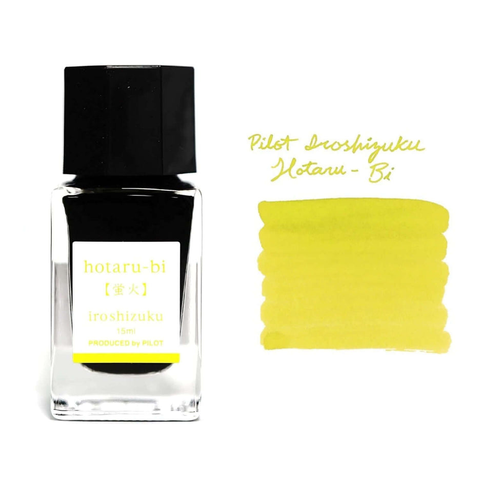 Pilot Iroshizuku Ink Bottle 15ML in Hotaru-Bi color with ink swatch showing vibrant yellow shade.