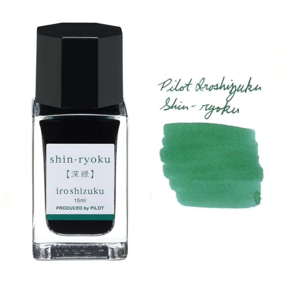 Pilot Iroshizuku Ink Bottle 15ML in shin-ryoku color next to ink swatch and label.