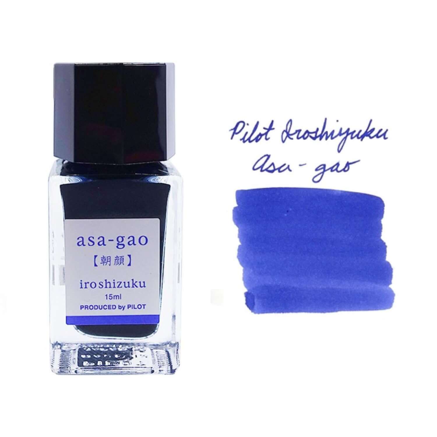 Pilot Iroshizuku Ink Bottle 15ML in Asa-Gao color, showcasing the vibrant blue ink and elegant bottle design.